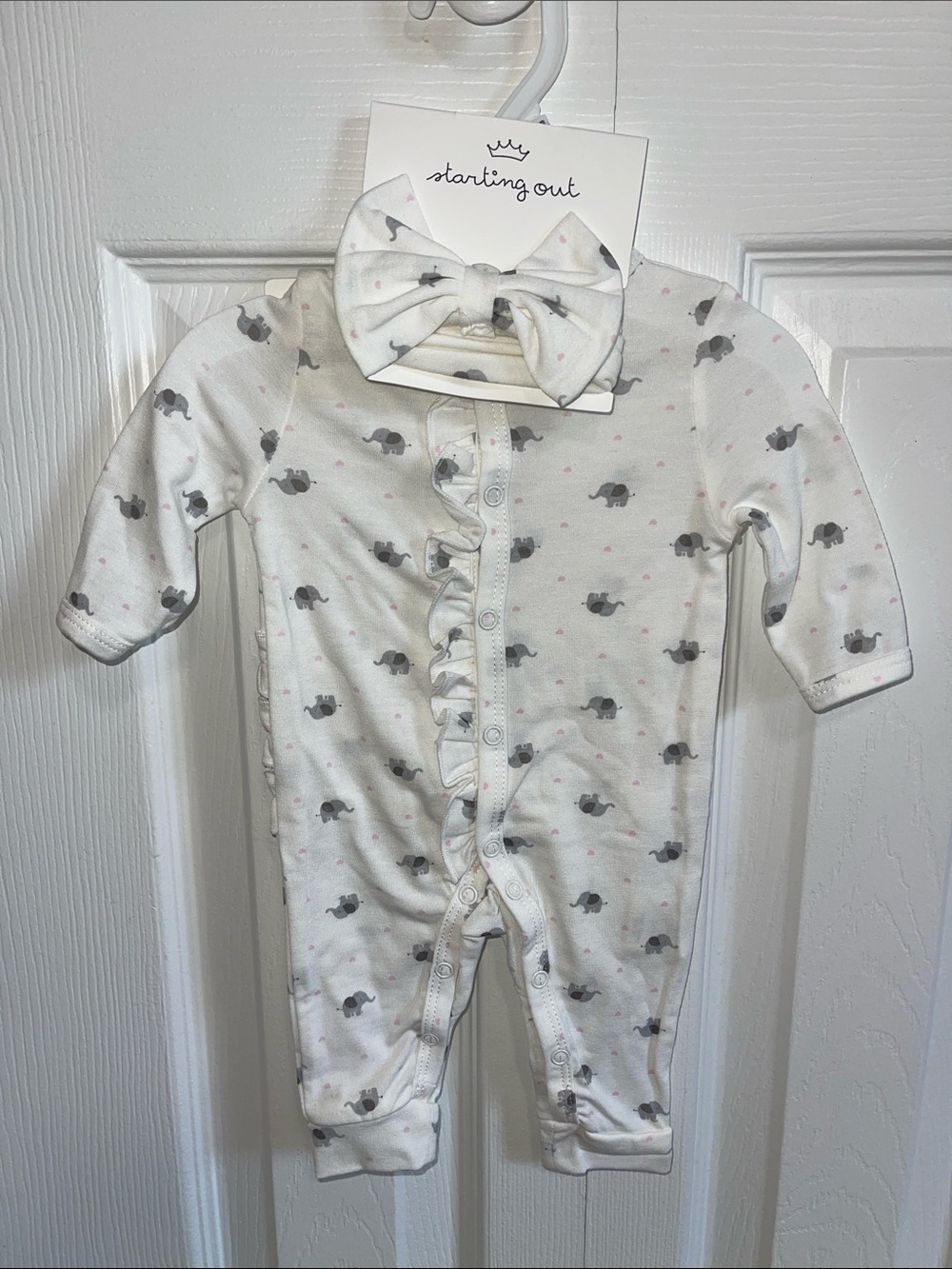 Starting Out White One-Piece Footie with Gray Elephant Print and Bow